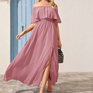 Pink Off-the-Shoulder Split Thigh Bardot Dress